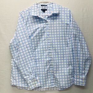 Lands End Womens Size 18W Button Up No Iron Supima Cotton Blue White Geometric